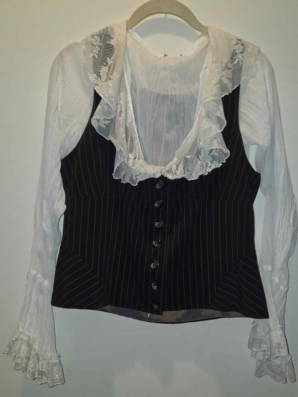 Ruffled White Lolita Lace Trimmed Blouse Layered Under Pinstripe Vest